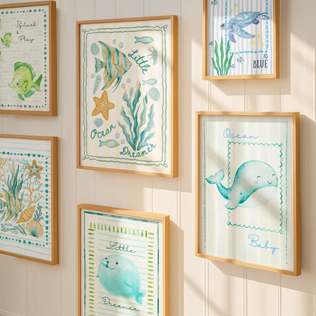 Ocean Nursery Wall Art Set of 6, Whale Fish Baby Prints, Coastal Kids ...