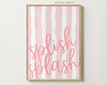 Splish Splash Bathroom Poster, Pink Kids Bathroom Wall Art Printable, Nursery & Girl Bath Decor, Digital Download