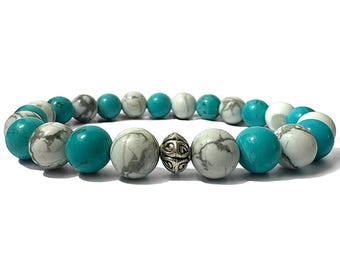 Bracelet De Perles Howlite Turquoise Fait Main - Sur Mesure, Perles De 8 Mm Et 3,5 Cm - Sans Fermoir (Élastique)