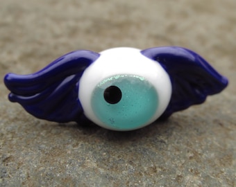 Blue Dichroic Flying Eyeball with Wings Lampwork Glass Bead NLC Beads