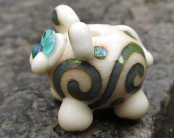 Silver Glass Swirls Cream Cat Kitten Lampwork Glass Bead NLC Beads