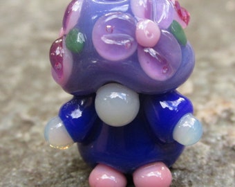 Purple Pink Flowers Floral Garden Gnome Lampwork Glass Bead NLC Beads