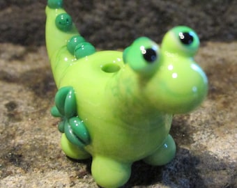 St Patrick's Day Green Shamrock Lampwork Glass Dino Dinosaur Bead