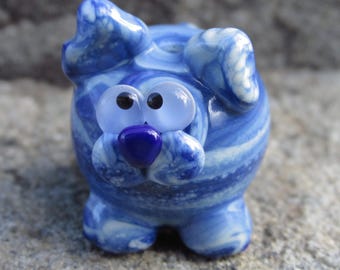 Denim Blue Round Cat Kitten Lampwork Glass Bead NLC Beads