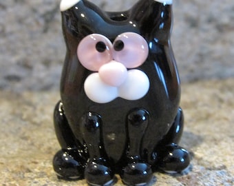 Tuxedo Black White Flat Cat Kitten Lampwork Glass Bead NLC Beads