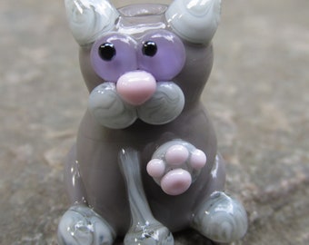 Grey Maneki Neko Lucky Beckoning Cat Kitten Lampwork Glass Bead NLC Beads