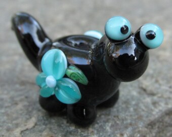 Black Teal Blue Floral Flower Dino Dinosaur Lampwork Glass Bead NLC Beads