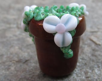 Clearance Sale White Pink Flower Floral Pot Organic Lampwork Glass Bead NLC Beads