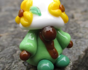 Green Yellow Flowers Floral Garden Gnome Lampwork Glass Bead NLC Beads