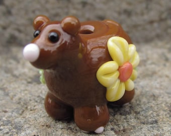 Brown Bear With Yellow Flower Lampwork Glass Bead NLC Beads