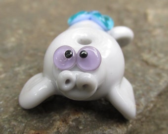 Manatee Sea Cow Flower Floral Tramp Stamp Lampwork Glass Bead NLC Beads