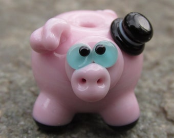 Clearance Sale Top Hat Pink Pig Lampwork  Glass Bead NLC Beads