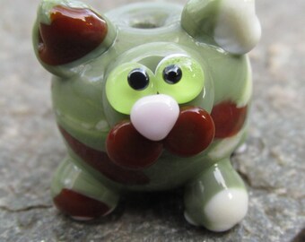 Green Camo Camouflage Cat Kitten Lampwork Glass Bead NLC Beads