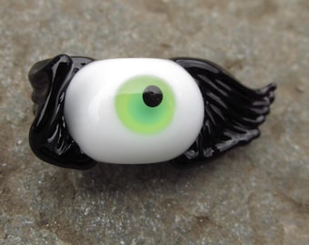 Green Dancing Flying Eyeball with Black Wings Lampwork Glass Bead NLC Beads