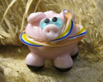 Scuba Diving Floatie Pink Pig Lampwork  Glass Bead NLC Beads