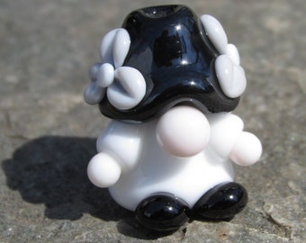 Black Grey White Flowers Floral Garden Gnome Lampwork Glass Bead NLC Beads