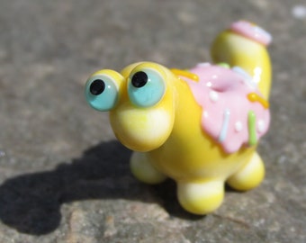 Pink Icing and Sprinkles Yellow Dino Dinosaur Lampwork Glass Bead NLC Beads