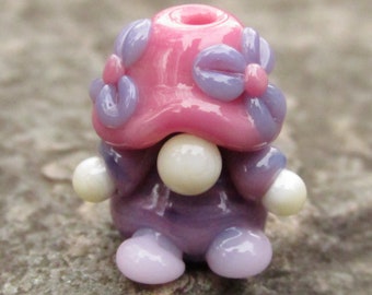 Pink Purple Flowers Floral Garden Gnome Lampwork Glass Bead NLC Beads