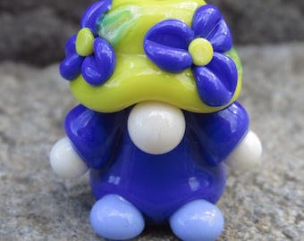 Yellow Blue Floral Garden Gnome Lampwork Glass Bead NLC Beads