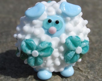 Blue Roses Floral Flower Lentil Sheep Lamb Ewe Lampwork Glass Bead NLC Beads