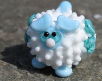 Teal Flowers White Sheep Lamb Ewe Lampwork  Glass Bead NLC Beads