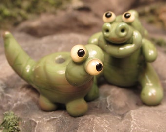 Clearance Sale Army Green Baby T Rex and Helper Dino Dinosaur Lampwork Glass Bead NLC Beads