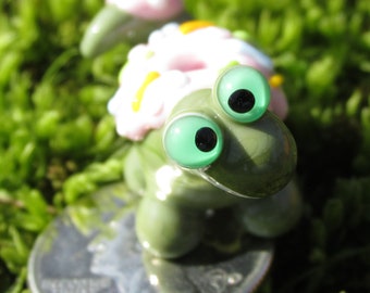 Pink Icing and Sprinkles Army Green Dino Dinosaur Lampwork Glass Bead NLC Beads