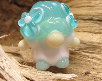 Teal White Floral Flower Garden Gnome Lampwork Glass Bead NLC Beads