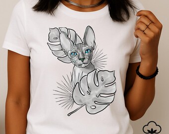 Sphynx Cat T-Shirt: Tropical Monstera Tattoo Design