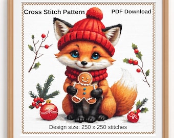Patrón de punto de cruz de zorro navideño • Galleta de jengibre en PDF • Diseño de bordado navideño