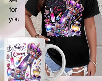 Birthday Queen Shirt & Mug Set: Glam High Heel Crown - Women's Birthday