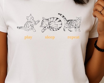 Camiseta de mamá gata: Play Sleep Repeat, camiseta gráfica 100 % algodón