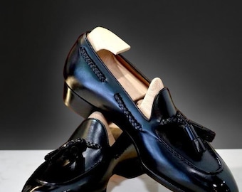 Mocasines de vestir con borlas de cuero negro de primera calidad para hombre, hechos a medida