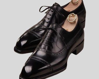 Men Black Leather Oxford Dress Shoes, Handmade Black Leather Formal Shoes