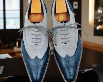 Men's Handmade Genuine Leather Navy Blue Shoes Lace-up Formal Dress Shoes -  Etsy