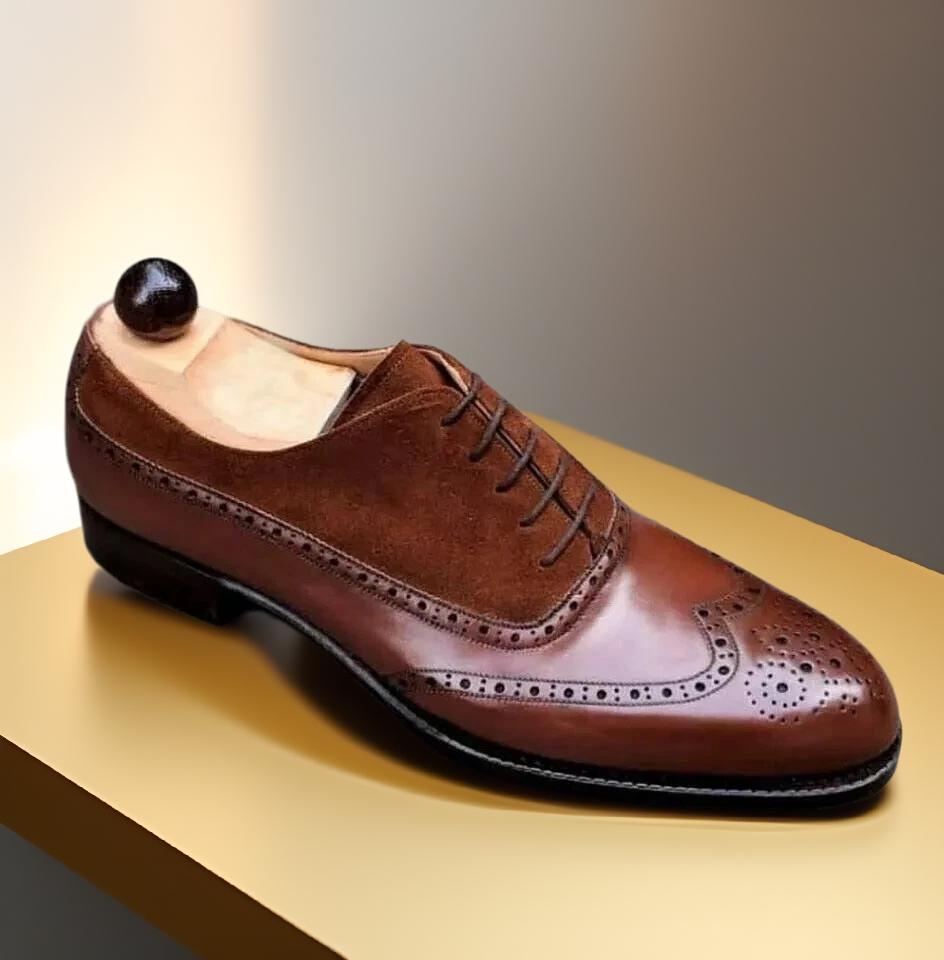 Men's Wingtip Brogue Round Toe Lace Up Shoes, Brown Leather and Suede Shoes