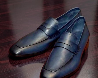 Handmade men blue leather moccasin shoes, formal dress leather office shoes mens
