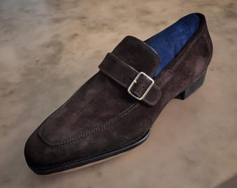 Handmade men brown suede monk shoes, formal dress moccasin for men, leather shoe