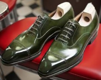 Men Handmade Green Leather Dress Shoes