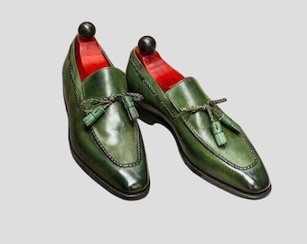 Handmade Leather Green Shoes Oxford Dress Slip On Loafer moccasin dress Shoes