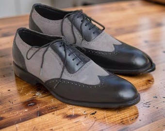 Handgefertigte Zweifarbige Leder Oxford Schuhe – Schwarz & Grau Brogues