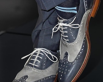Handmade Men's Two-Tone Wingtip Brogue Formal Shoes Blue and Gray Dress Shoes