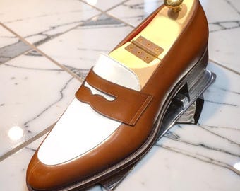Mens Handmade Two Tone Brown & White Leather Spectator Dress Custom Formal Shoes