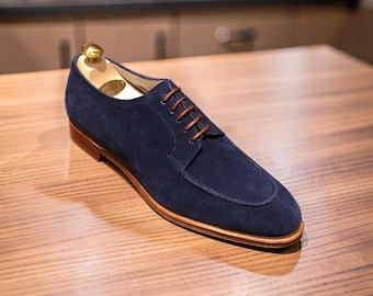 Herren Handgemachte Leder Blaue Abendschuhe, Wildleder Schnürschuhe
