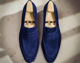 Handmade Suede Leather Loafers: Navy Blue Dress Shoes