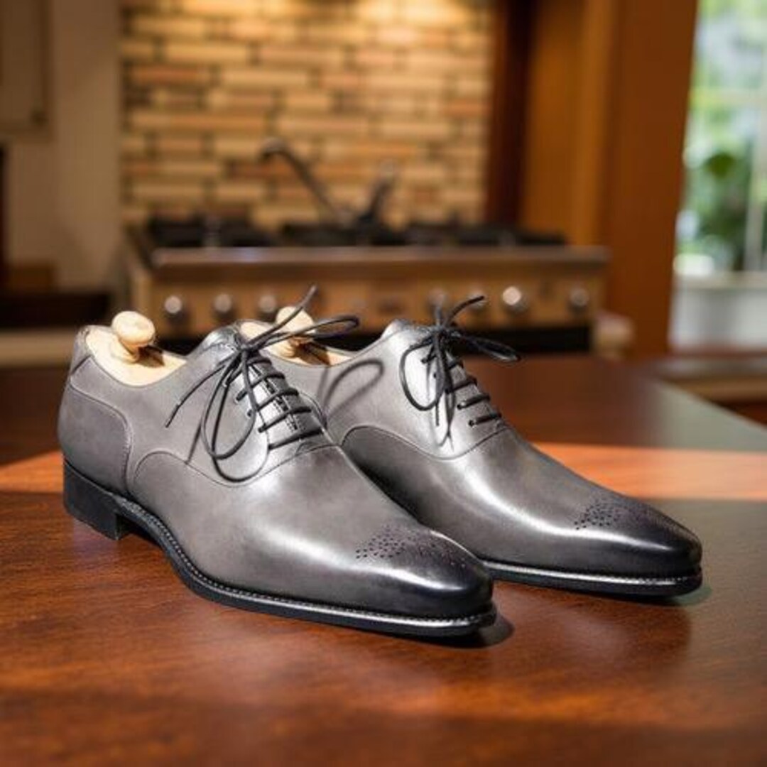 grey leather dress shoes Men's Dark Gray Handmade Suede Oxford Shoes US 16 / Gray / B
