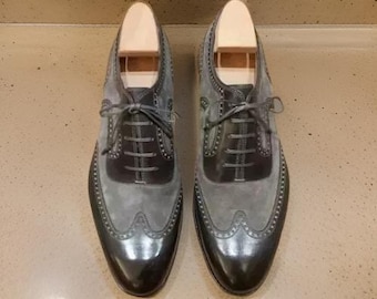 Handmade Leather Wingtip Shoes: Gray & Black Two Tone Formal Shoes