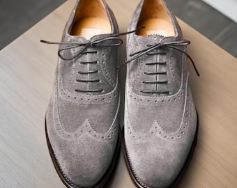 Handmade Men Gray Suede Leather Oxfords Dress Shoes Formal Lace Up Oxfords