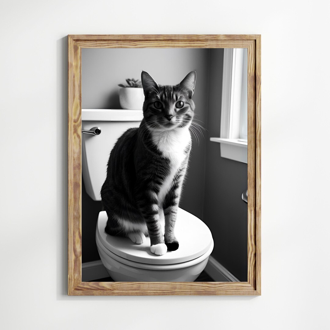 Funny Cat Bathroom Poster-black and White Cat Wall Art | Printable ...