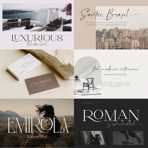 Puede incluir: Una colección de elementos de diseño con varias fuentes y diseños. Incluye un logotipo de restaurante, tarjetas de visita y texto sobre interiores modernos. La imagen también muestra un horizonte de la ciudad y una mujer con el pelo al viento, junto con la palabra "EMIROLA".